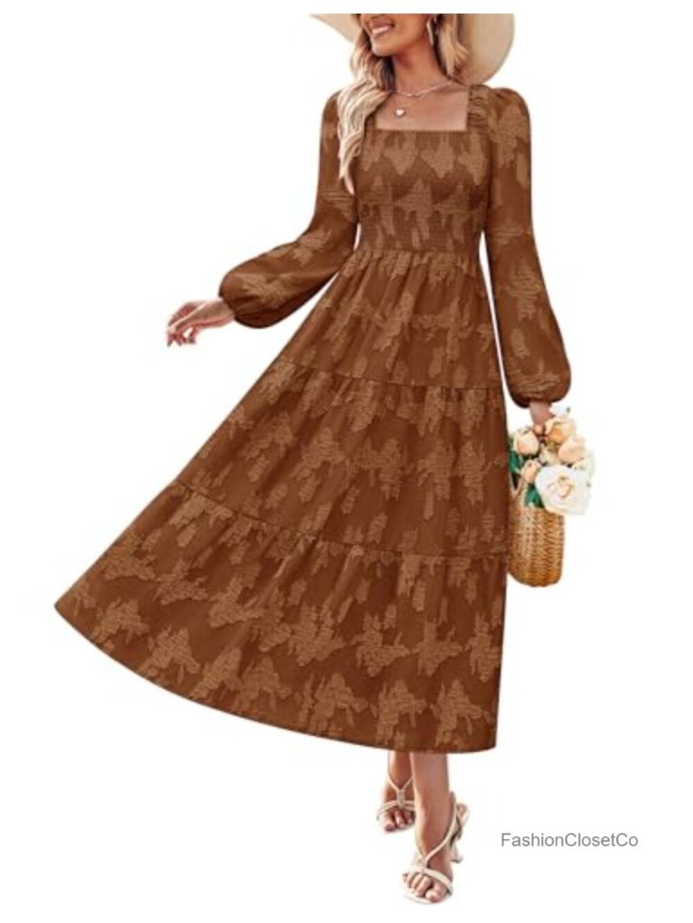Womens Long Sleeve Floral Midi Dress Ruffle Detail Fall Casual